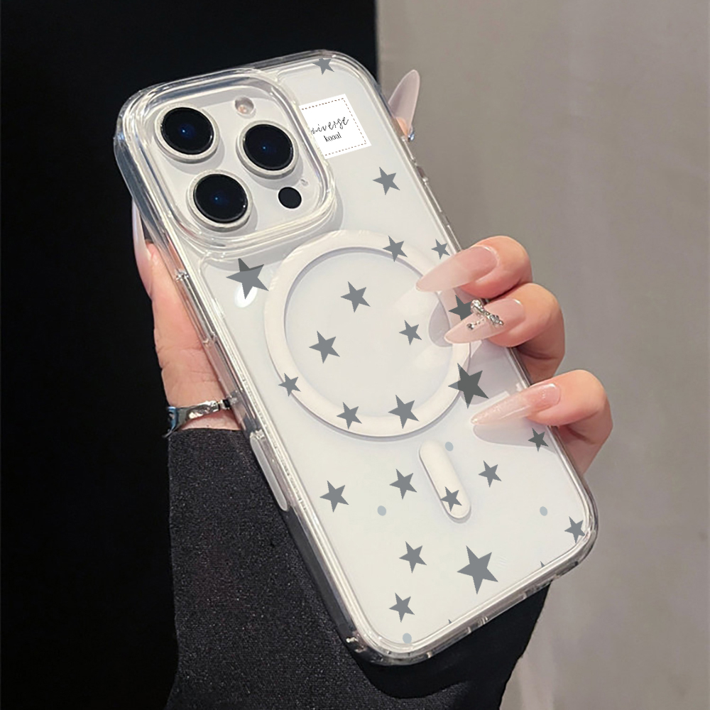 Phone Case Clear - Grey Star Print magnetic Clear Phone